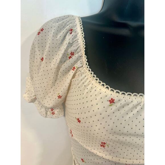 Women’s Cottagecore Romantic Floral Polka dot Puff Sleeve Crop Top S Cream Red - Picture 4 of 6